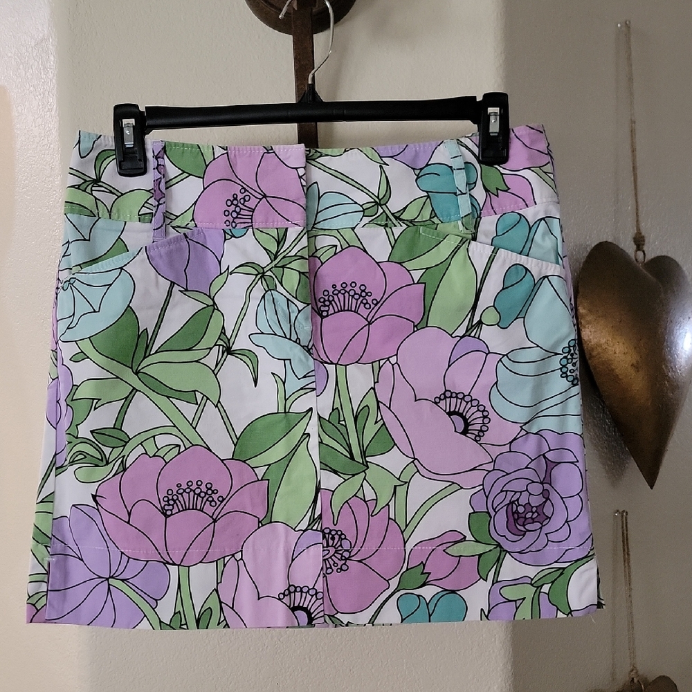 ANN TAYLOR LOFT A-Line Above Knee Skirt Floral Print Purple Green Shades Size 10